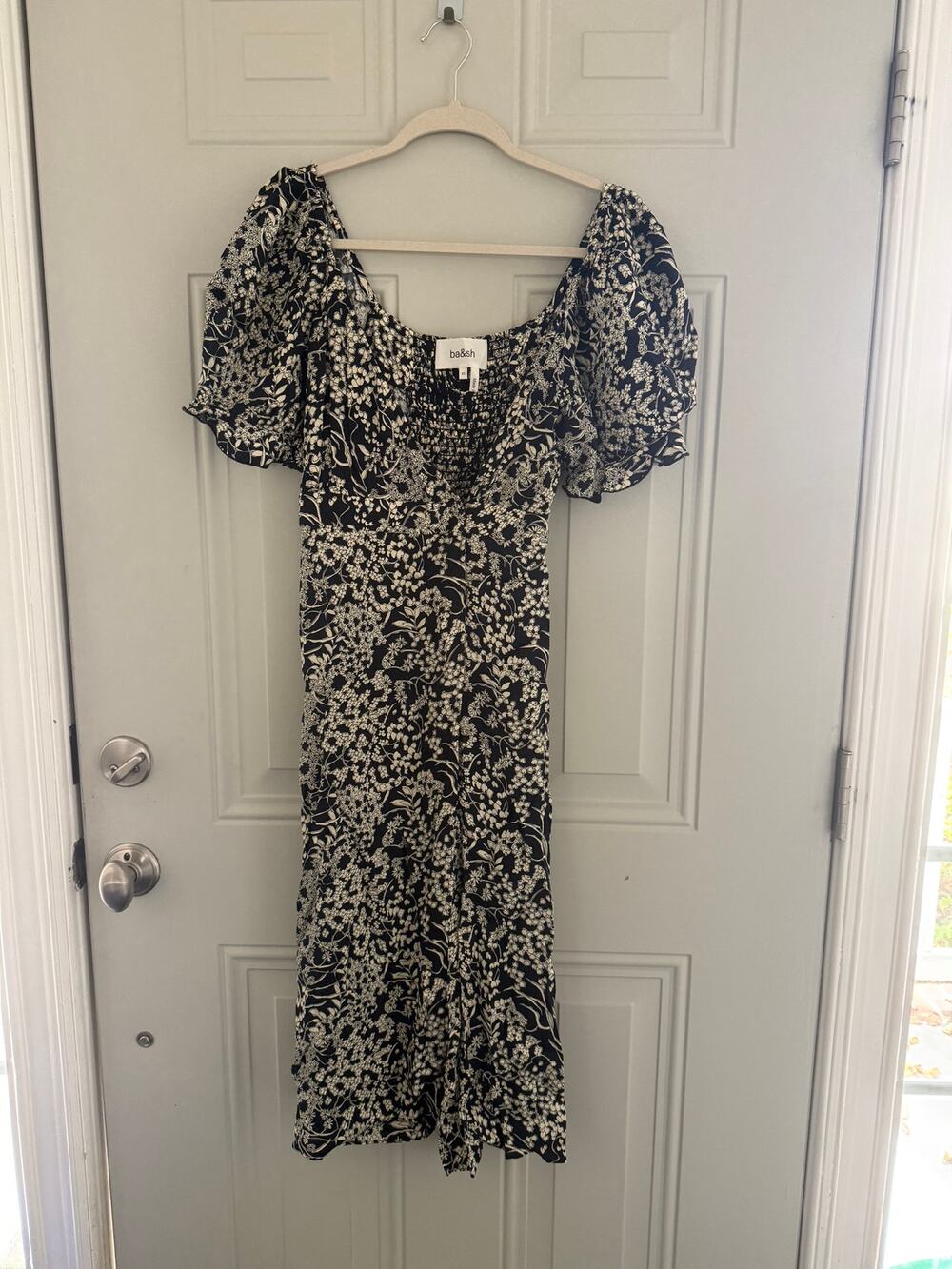 Ba&sh NWT ($395) | navy blue & cream floral short sleeve Macha dress | size XS